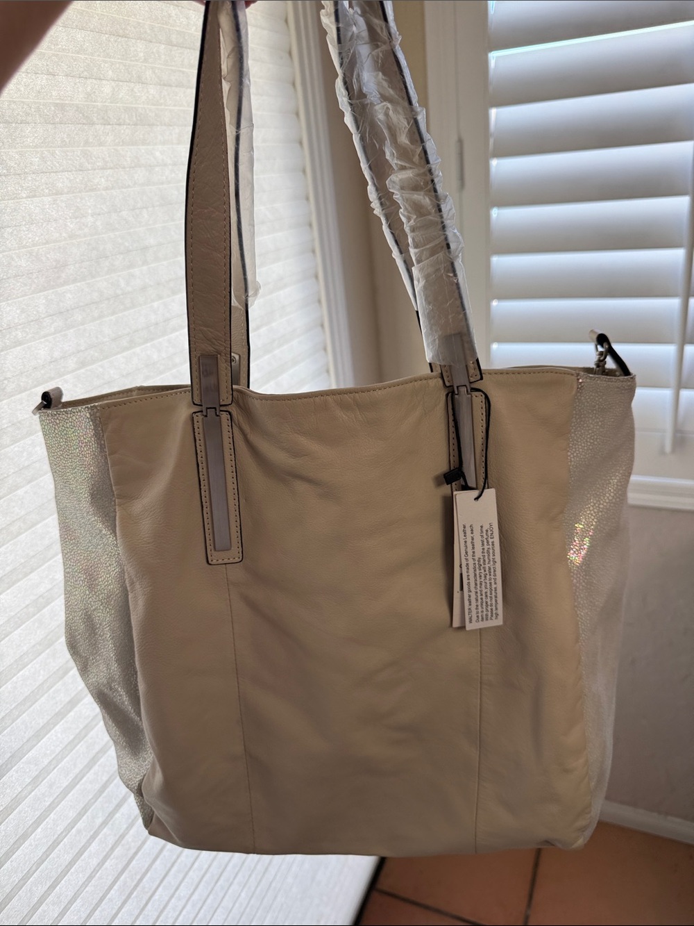 NWT Walter Baker crème Leather Tote Bag with iridescent side panels